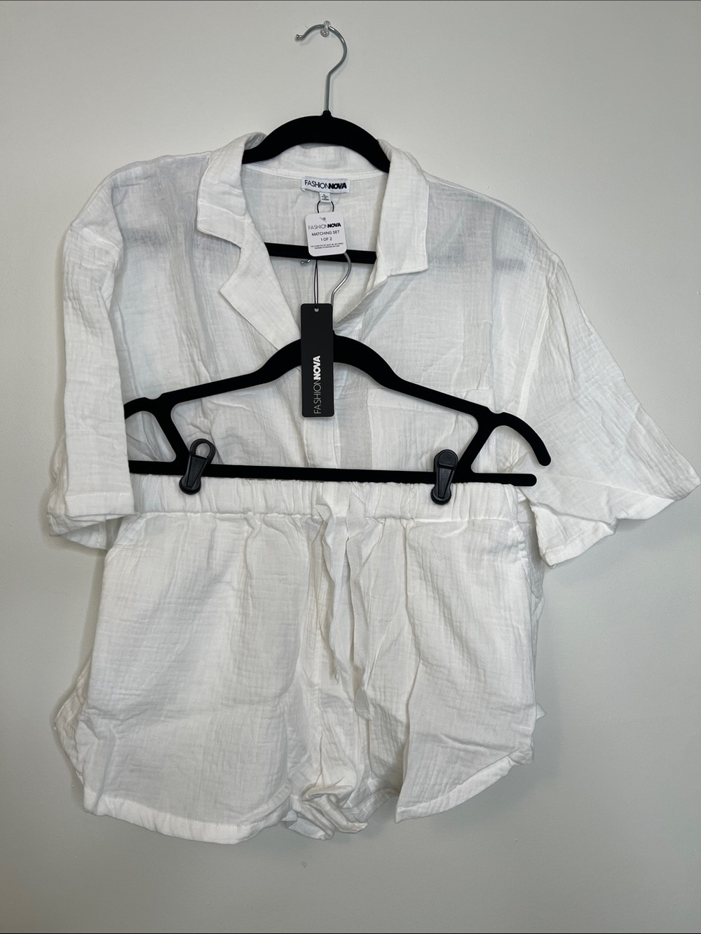 Fashion Nova White Short Sleeve Button Top & Elastic Waist Shorts Set